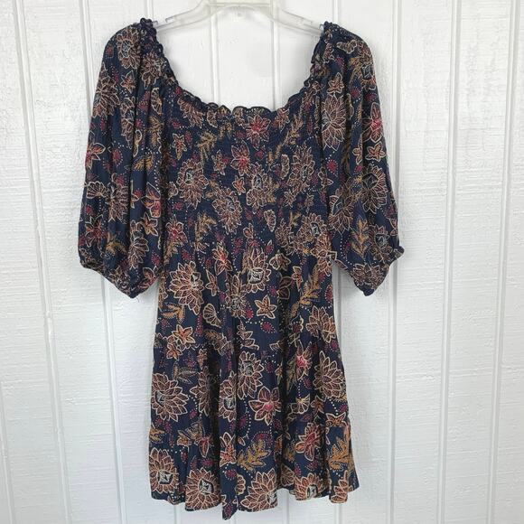 Angie Women Floral Smocked Blue Short Sleeve Mini Dress Western Boho Size Large - Picture 6 of 8